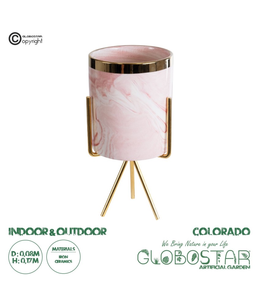 GloboStar® Artificial Garden COLORADO 20566 Διακοσμητικό Κεραμικό Κασπώ Γλάστρα - Flower Pot Ροζ με Χρυσή Μεταλλική Βάση και Λευκές Λεπτομέρειες Φ8 x Υ17cm
